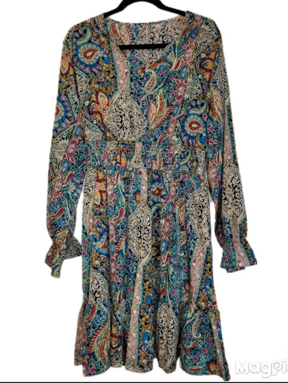 Retro Hippie Paisley Print Long-Sleeve Lightweight Midi Dress XXL in Teal Multi